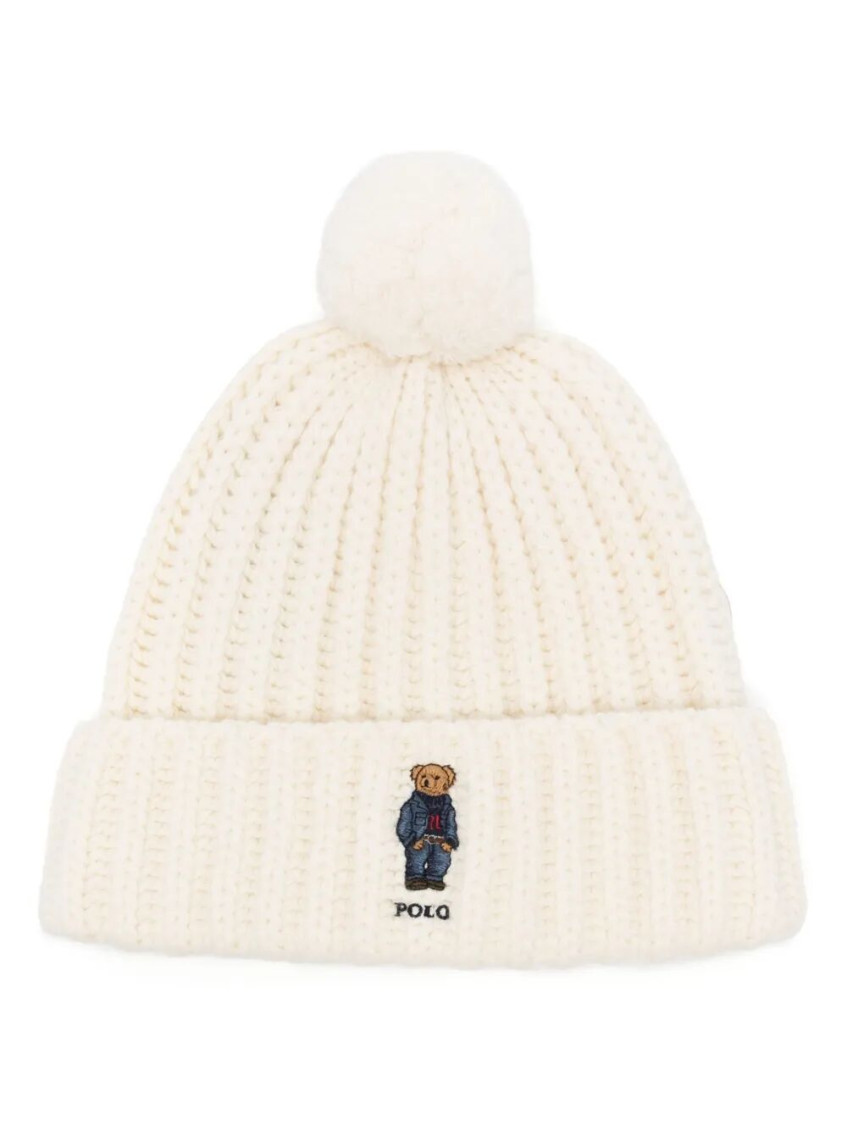 Ralph Lauren Cream Pom Pom Beanie Hat In White