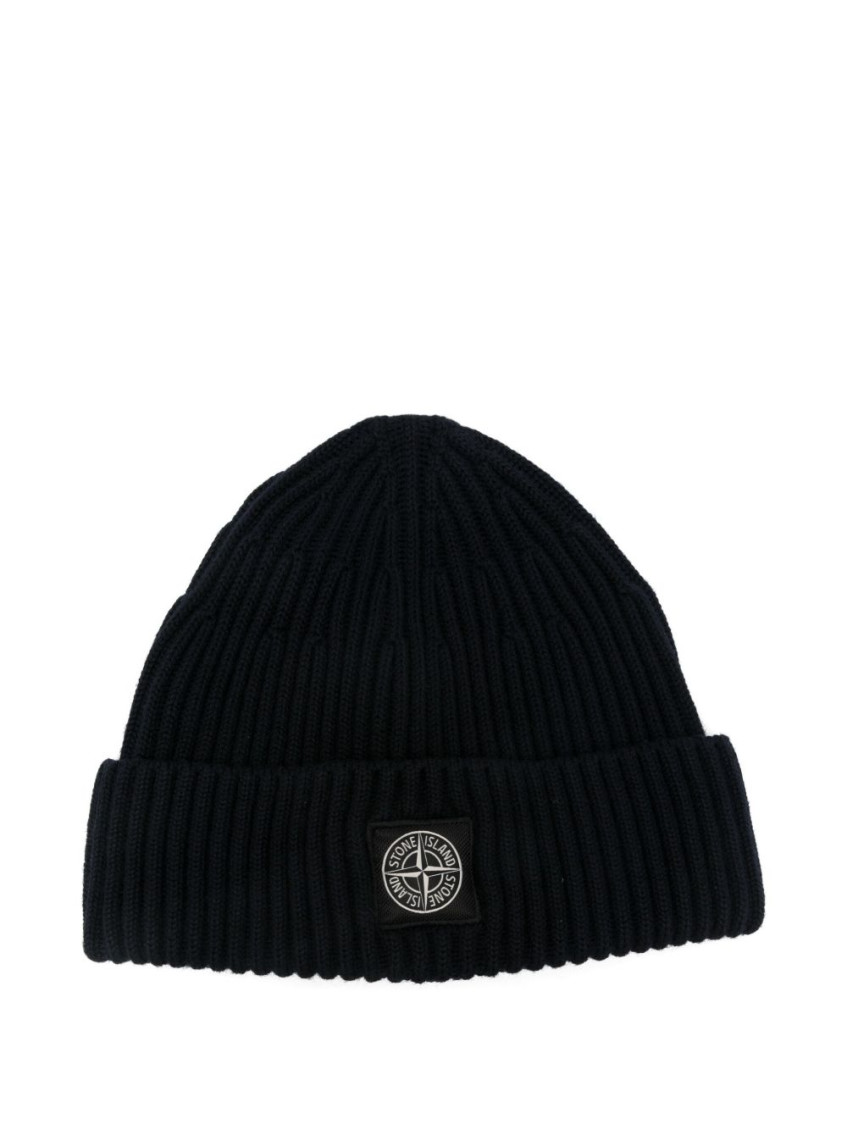 Stone Island Navy Blue Logo Patch Beanie Hat In Black