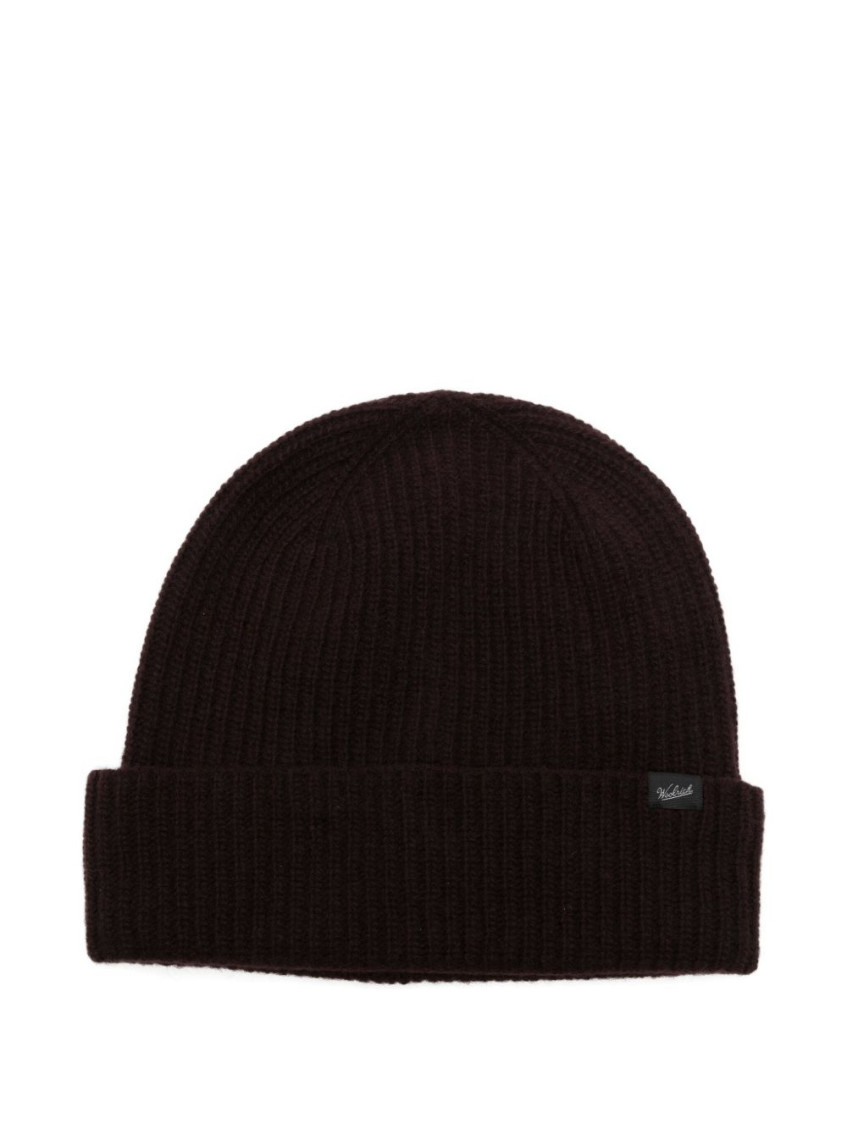 Woolrich Brown Logo Beanie Hat In Black