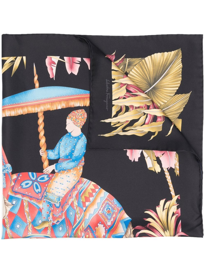 Ferragamo Graphic Elephant Print Silk Scarf In Black