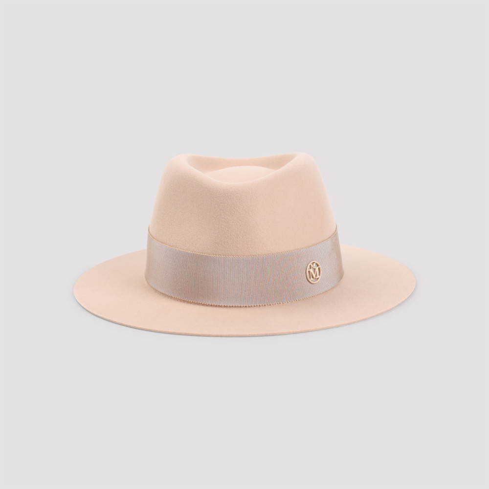 MAISON MICHEL BEIGE LOGO FEDORA HAT 