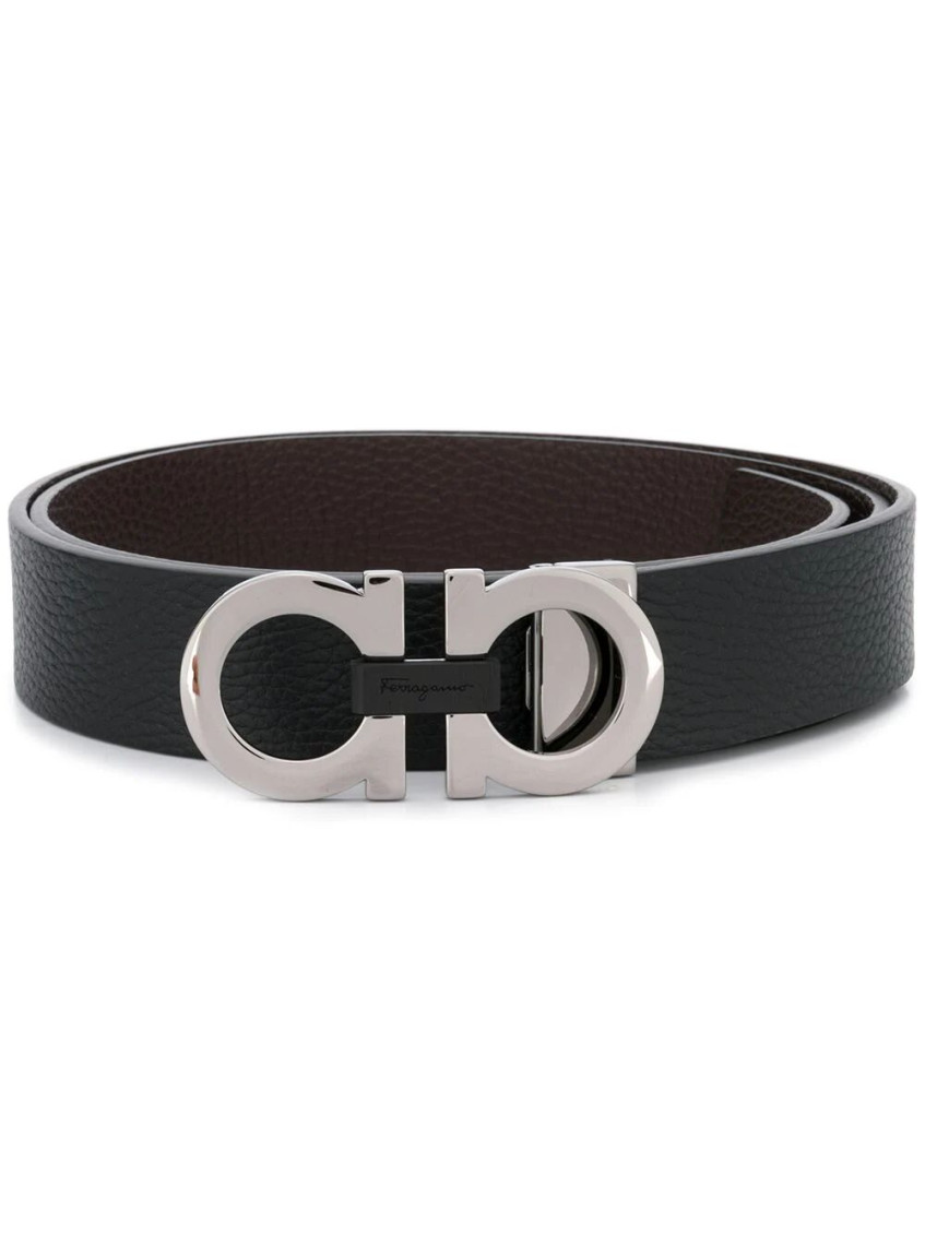 Ferragamo Reversible Leather Belt With Gancini Logo In Black