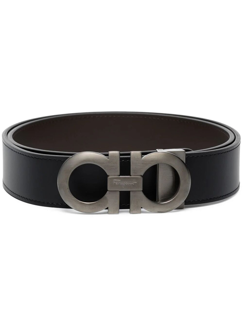 Ferragamo Adjustable Reversible Leather Belt With Textured Finish In Black