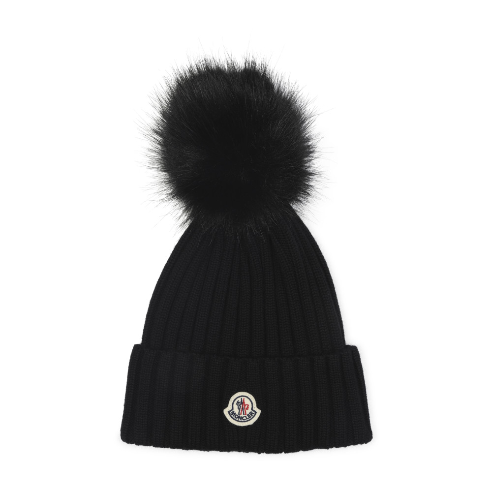Moncler Ribbed Knit Wool Beanie With Faux Fur Pom-pom In Black