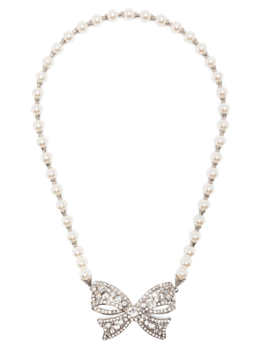 Alessandra Rich Bow Pendant With Pearl Beads And Rhinestone Embellishments In Metallic
