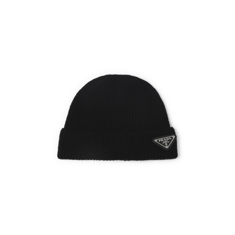 Prada Triangle Logo Cashmere Beanie In Black