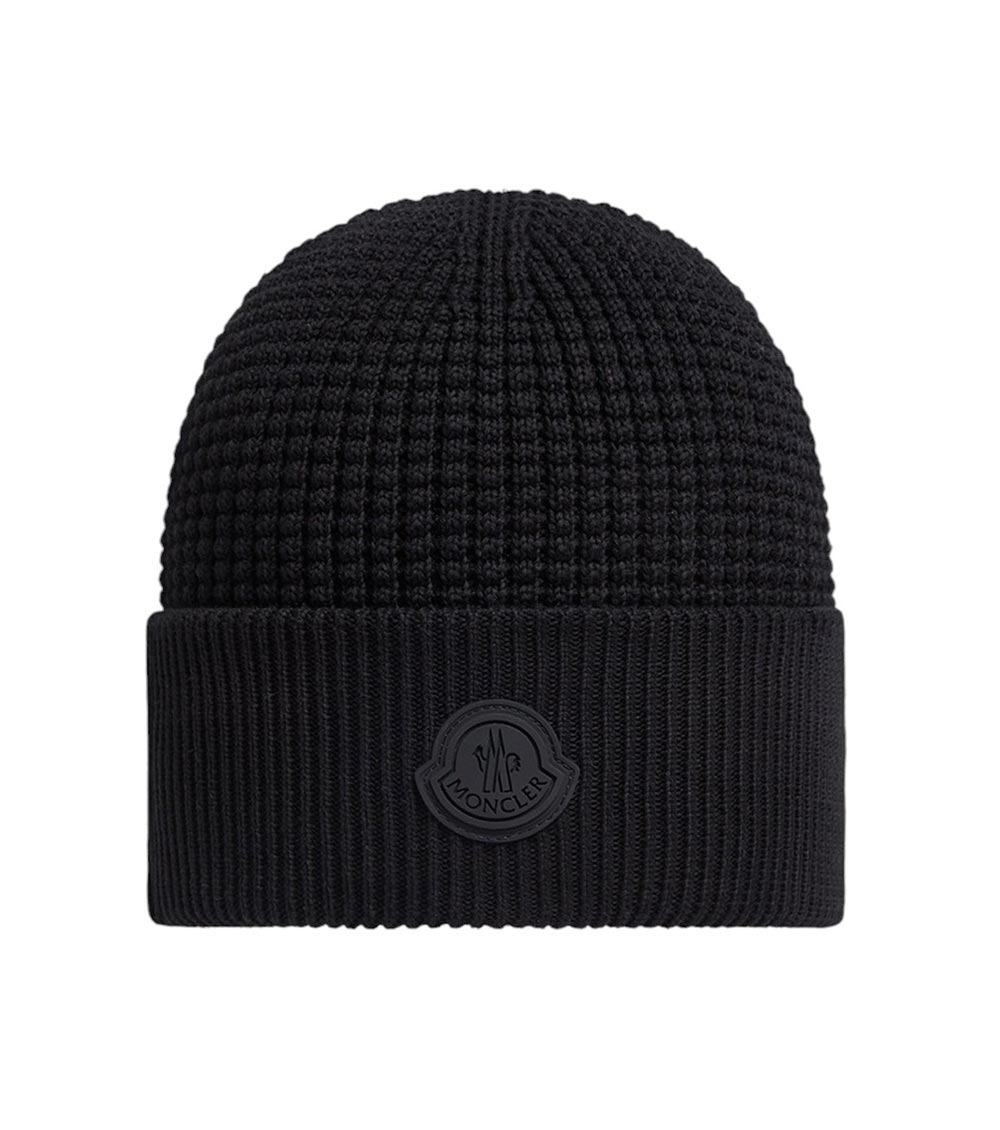 Moncler Textured Knit Hat With Prominent Logo Detail In Black