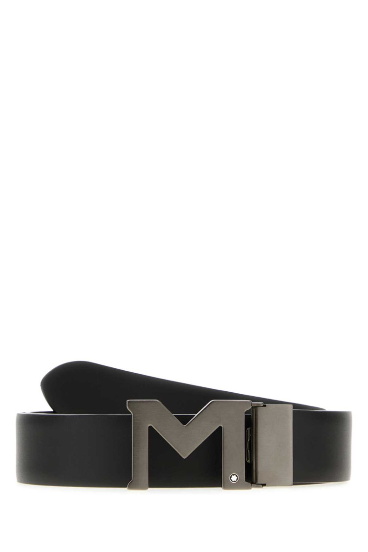 Montblanc Reversible Leather Belt Adjustable Length Metal Buckle In Black