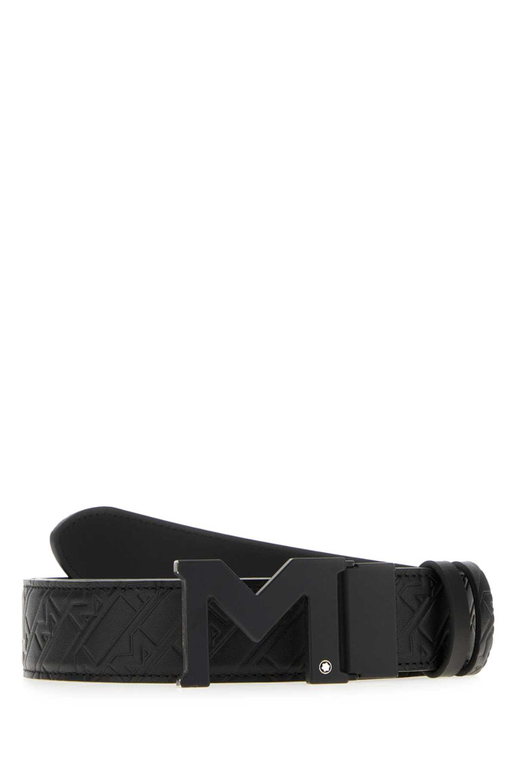 Montblanc Reversible Leather Belt Adjustable Length Embossed Pattern In Black