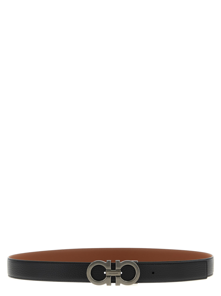 Ferragamo Black Gancini Reversible Belt In Brown
