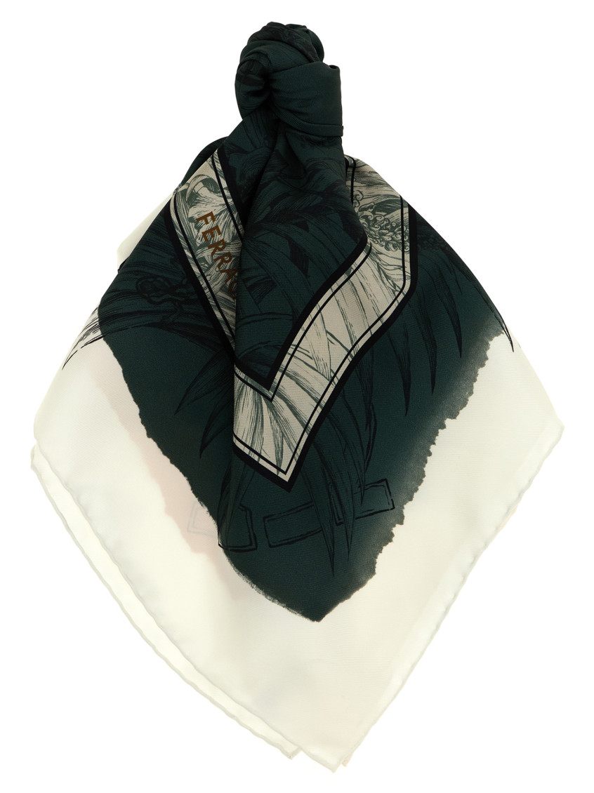 Ferragamo Lightweight Floral Print Square Scarf With Rolled Edges In Green