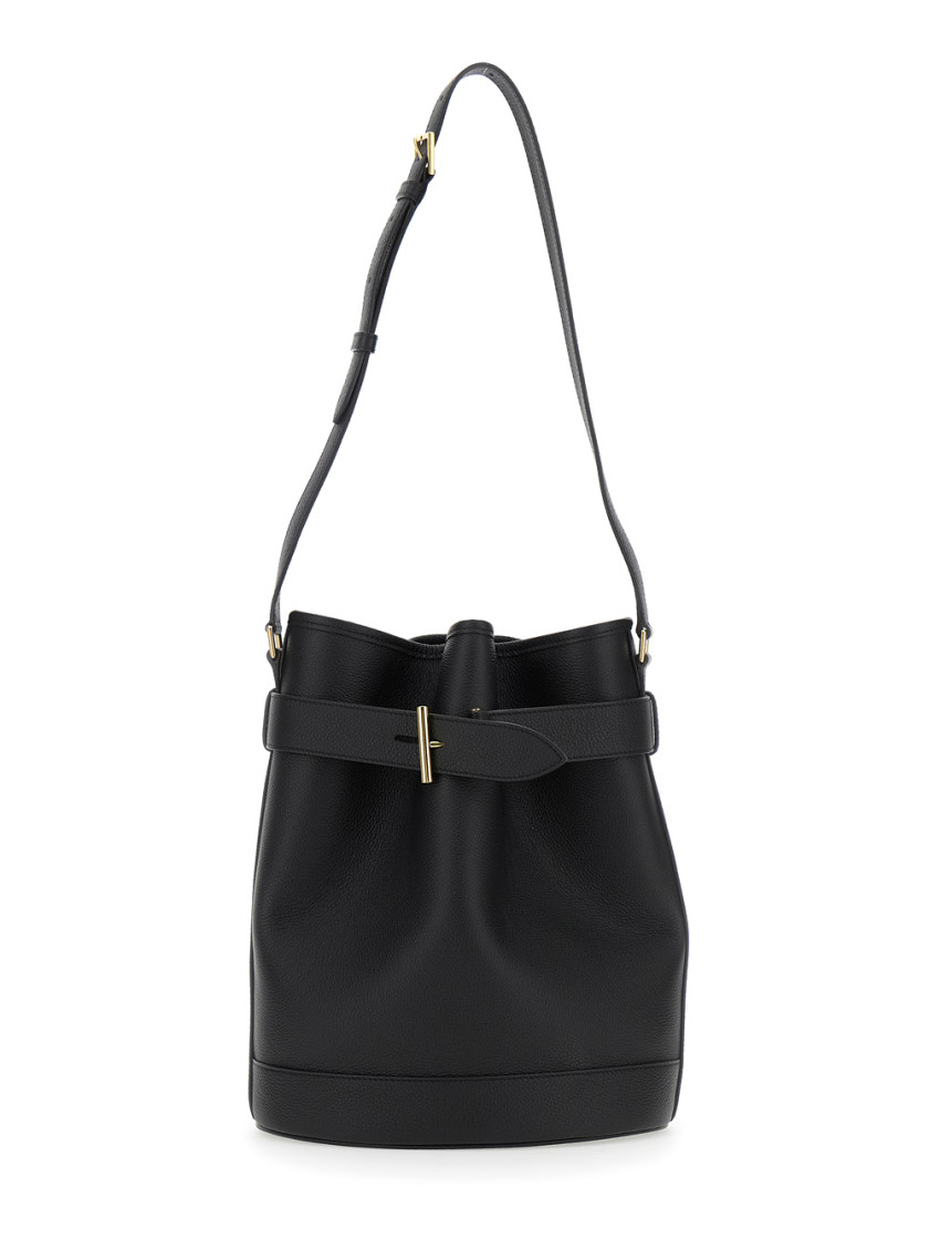 Tom Ford Black Medium Bucket Bag With Adjustable Shoulder Strap And Buckle Closure In Grained Leather Woman In Black