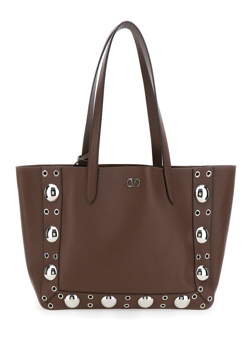 Valentino Medium Leather Tote With Eyelet And Studs In Brown