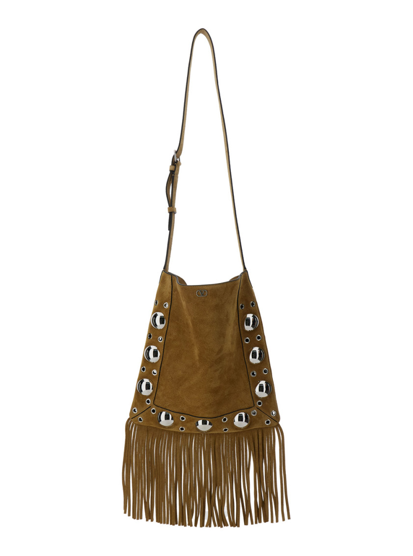 Valentino Nellcote Fringe Studded Suede Crossbody Bag In Sand