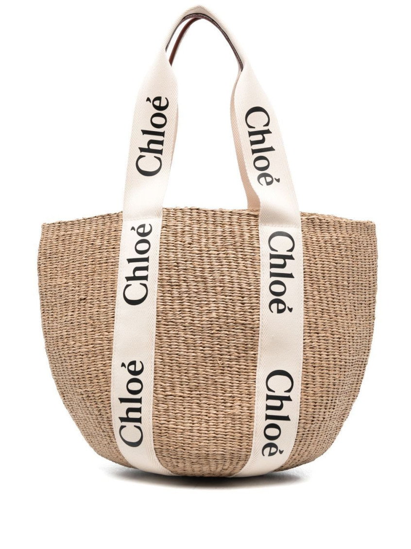 Chloé Woody Large Basket Bag With White Ribbon Women In Brown