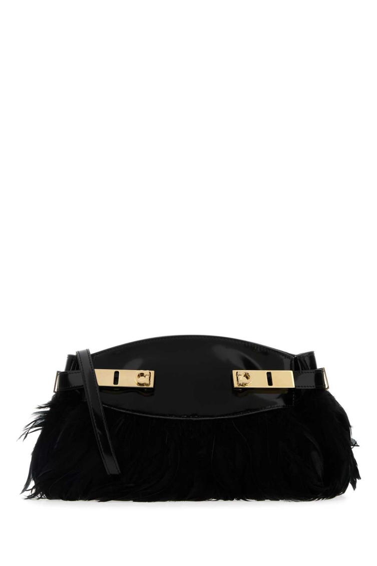 Ferragamo Black Leather And Feathers Hug Clutch In Black