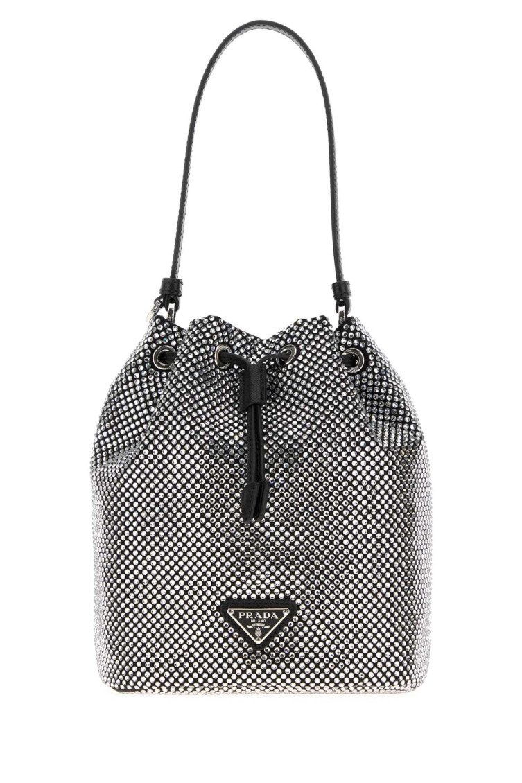 Prada Embellished Satin Bucket Bag In Silver