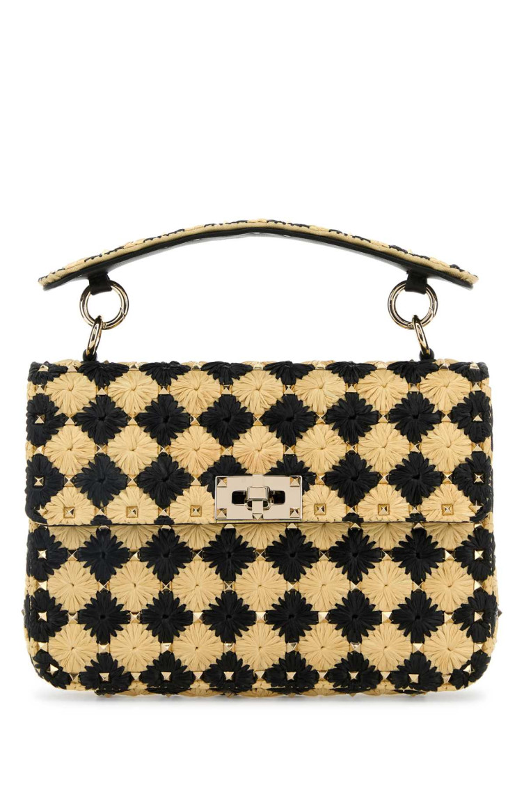 Valentino Garavani Two-tone Raffia Medium Rockstud Spike Handbag In Multi