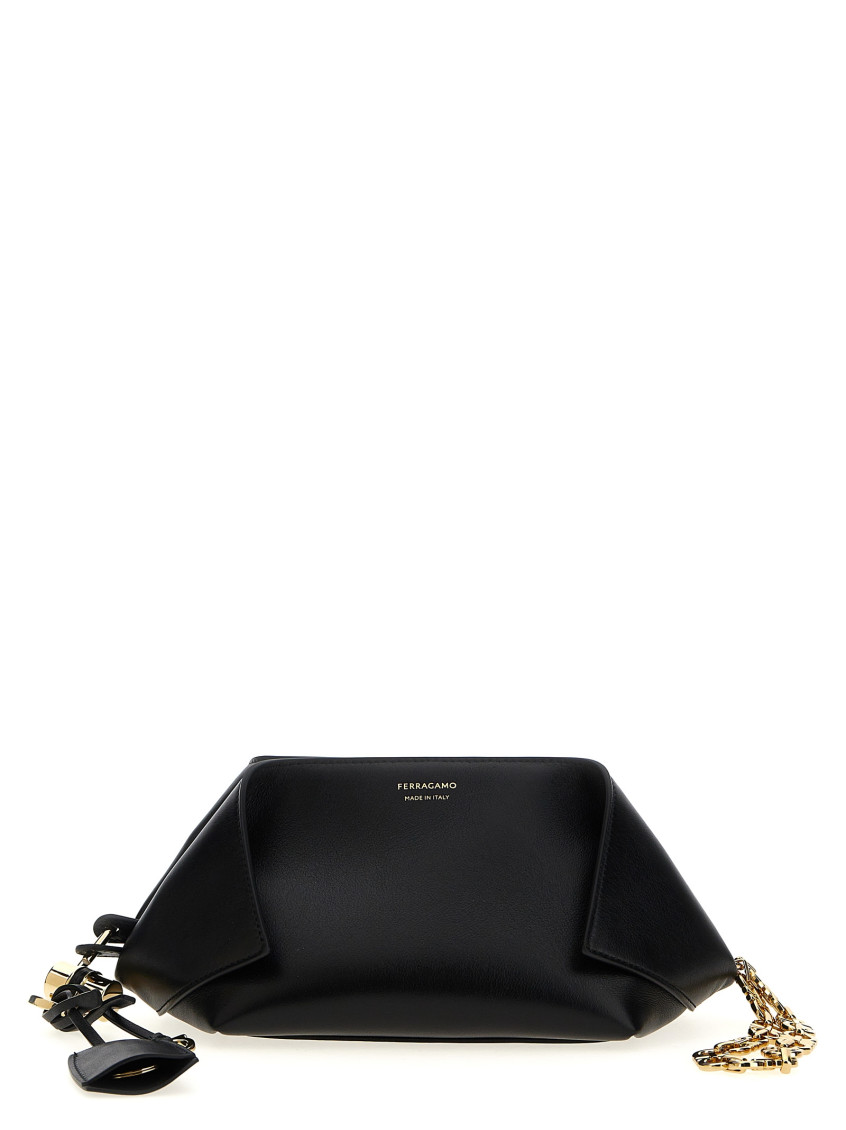 Ferragamo Chain Strap Leather Clutch With Gold-tone Hardware In Black