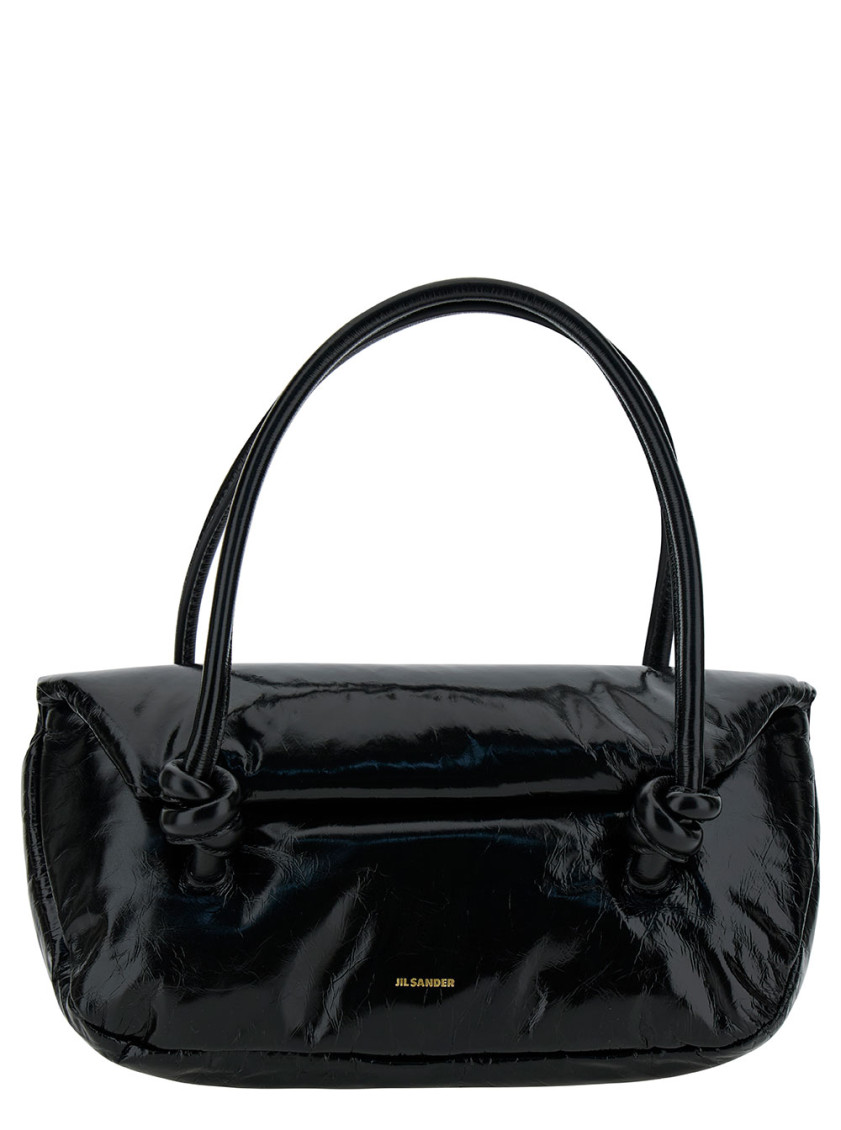 Jil Sander Knot Small Black Shoulder Bag With Laminated Logo In Patent Leather In Black