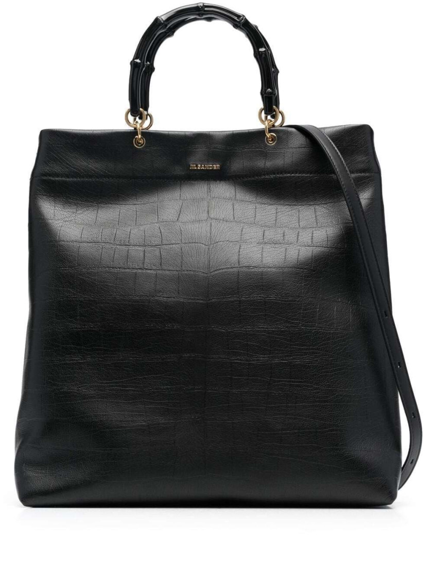 Jil Sander Embossed Leather Tote With Bamboo Handles In Black