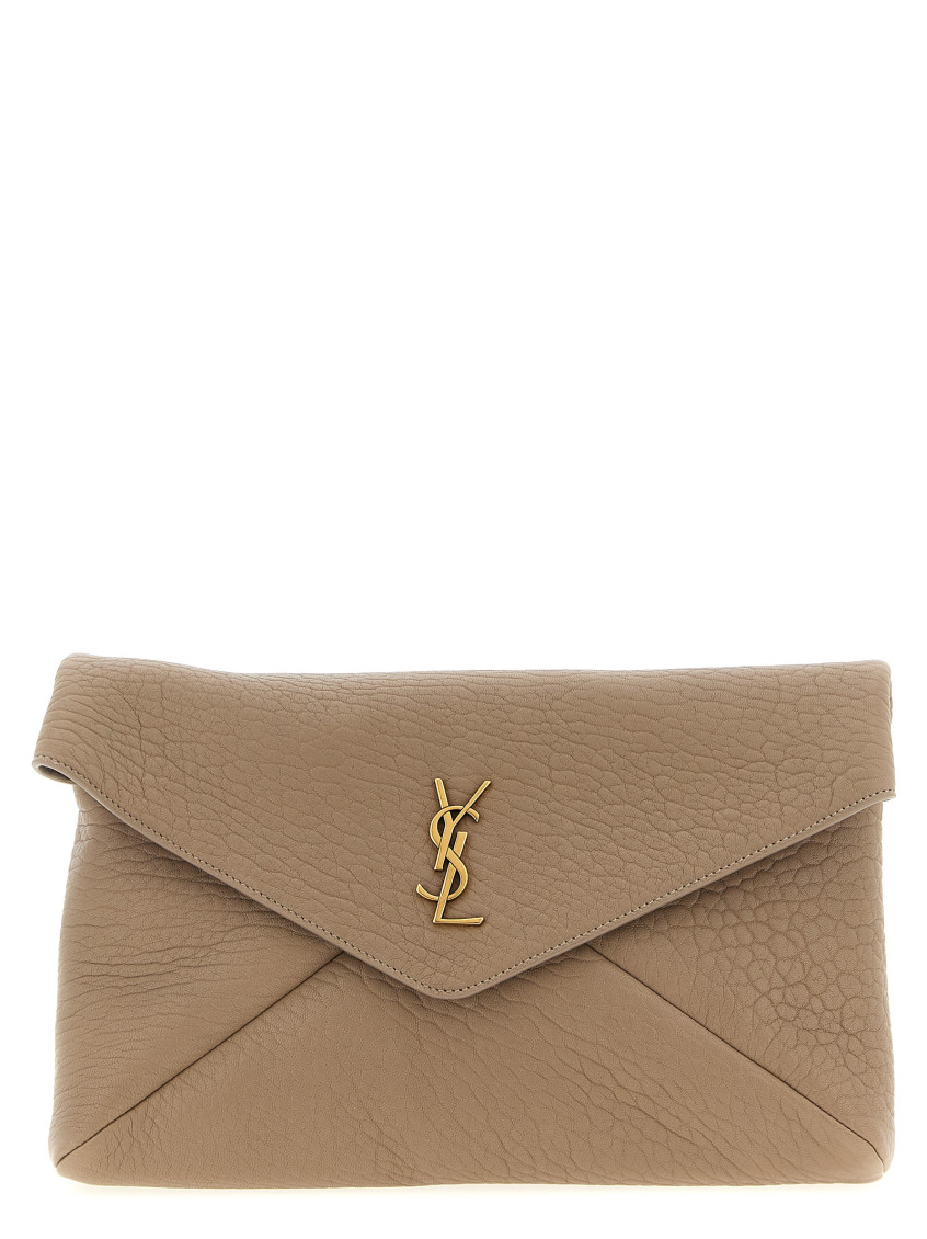 Saint Laurent Logo-plaque Suede Clutch Bag In Neutral