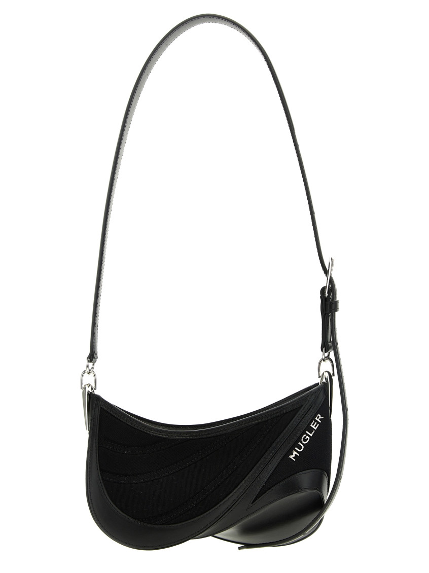 MUGLER BLACK SMALL DENIM SPIRAL CURVE 01 SHOULDER BAG 