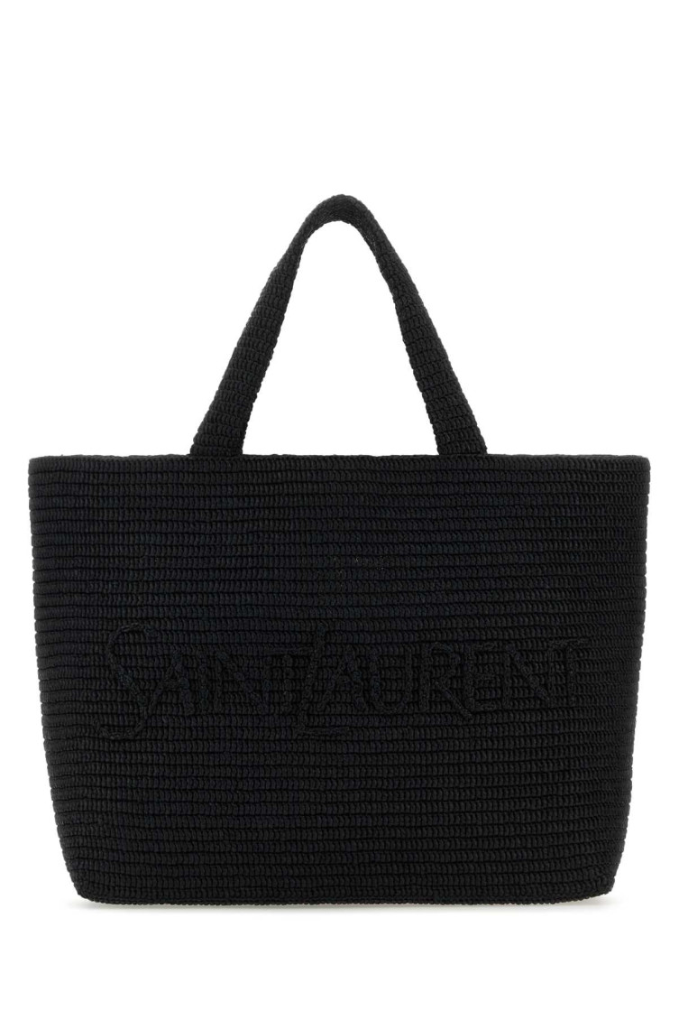 Saint Laurent Black Logo-embossed Raffia Tote Bag In Black