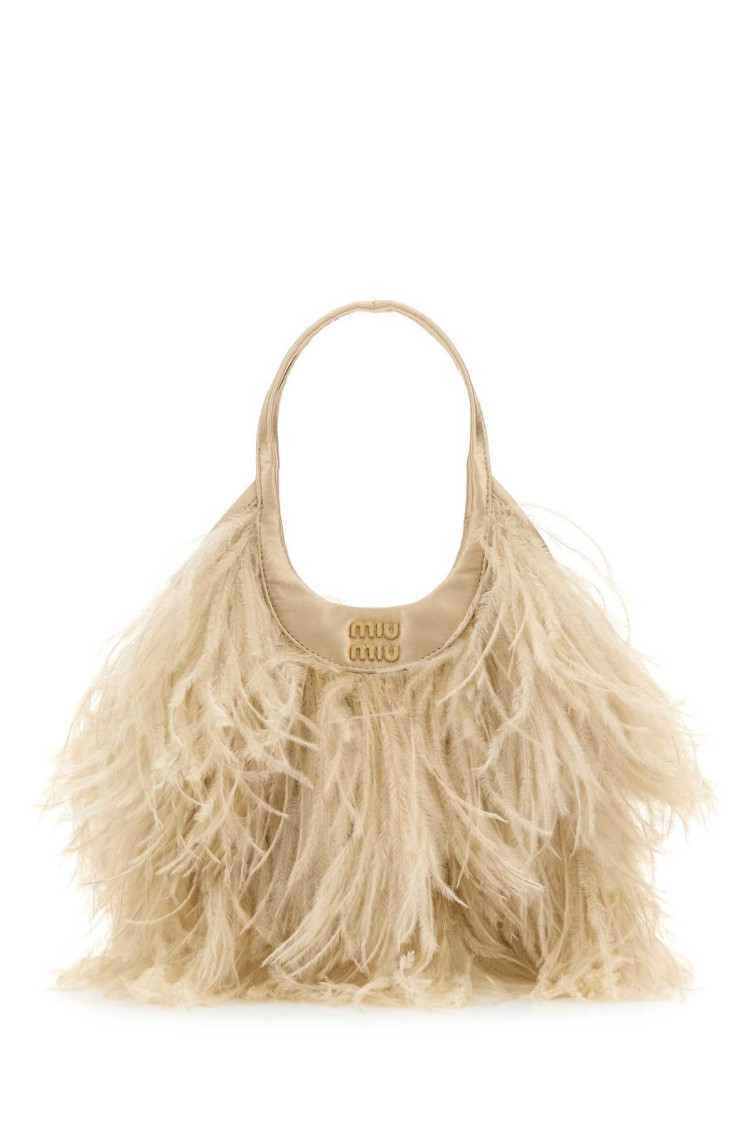 Miu Miu Feather-detail Satin Handbag In Beige