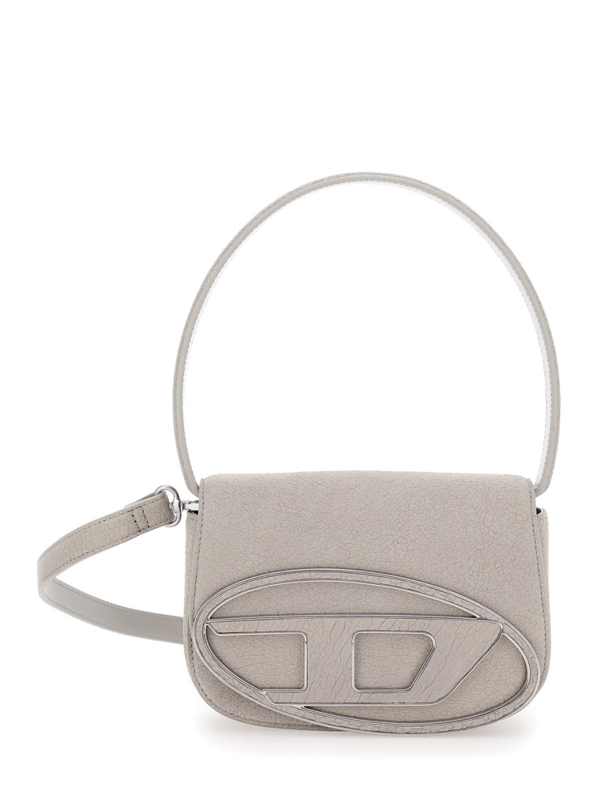 Diesel '1dr' White Shoulder Bag With Oval D Logo Patch On The Front And Cracked Effect In Grey