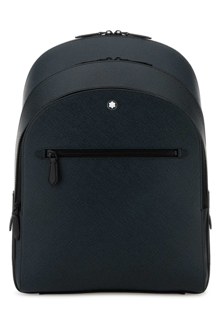 Montblanc Blue Leather Medium Backpack In Black