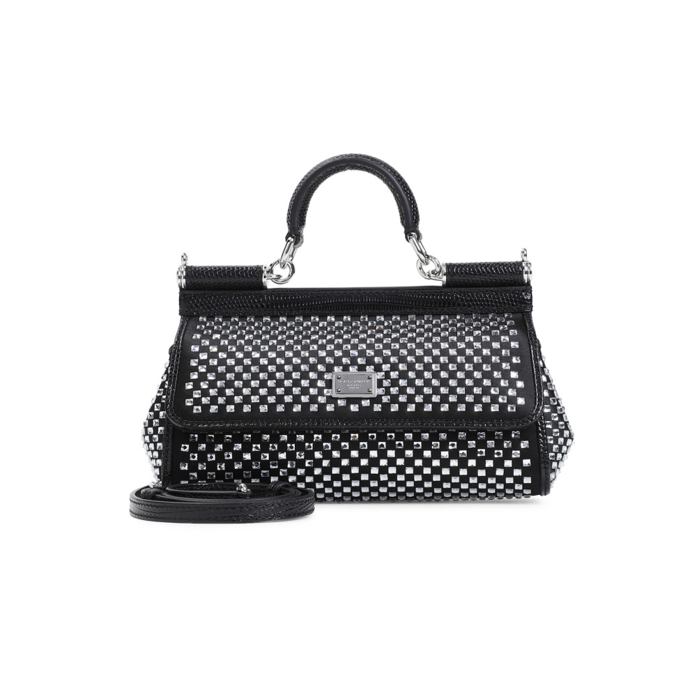 Dolce & Gabbana Small Sicily Rhinestone-embellished Shoulder Bag In Black