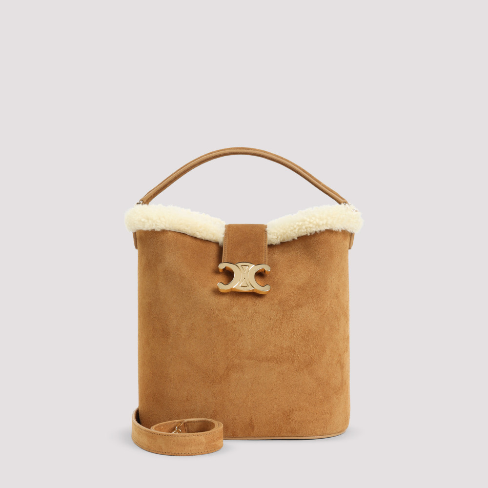 Celine Medium Louise Bucket Bag With Shearling Trim In Light Brown