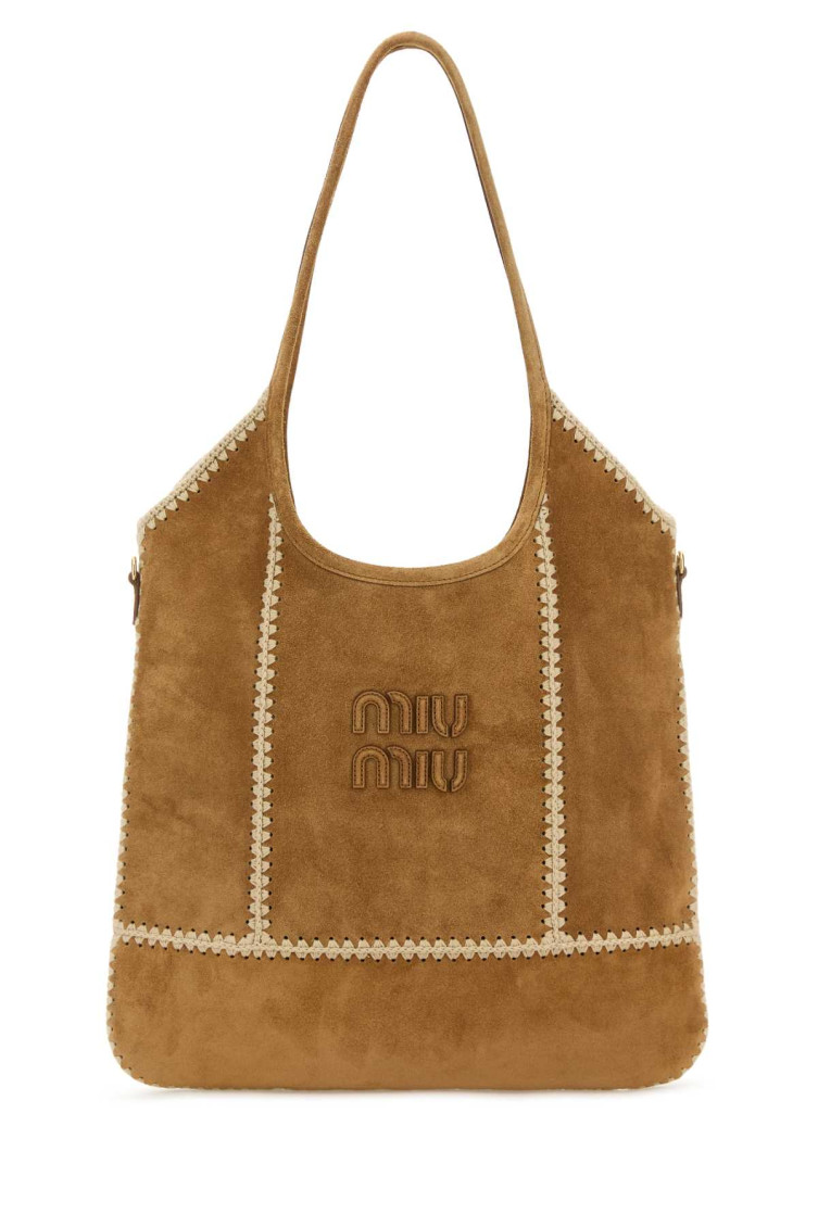 Miu Miu Suede Leather Shopping Bag With Contrast Stitching In Brown