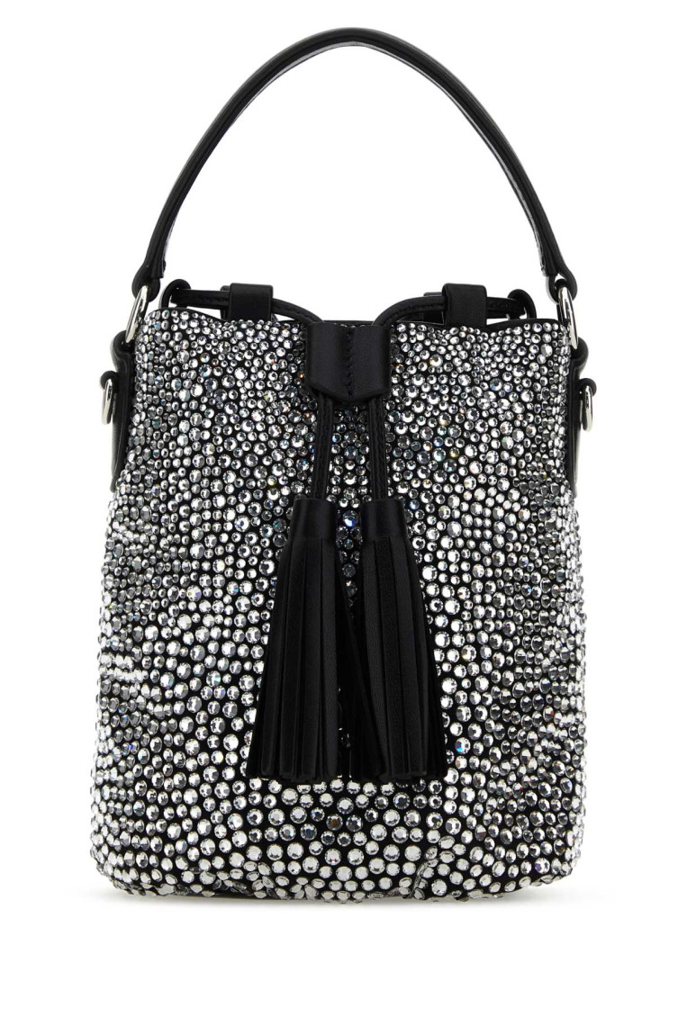 Miu Miu Silver Crystal-embellished Satin Bucket Bag In Silver
