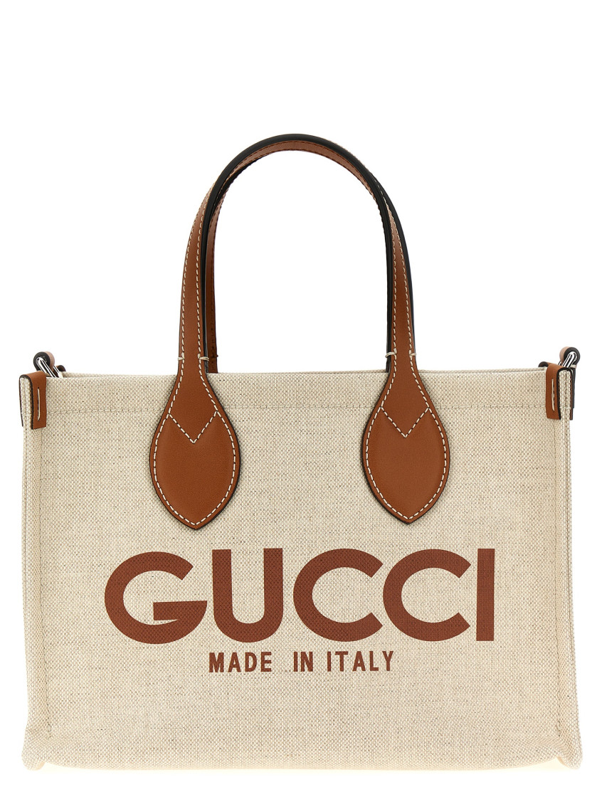 Gucci Mini Logo Leather-trimmed Canvas Tote Bag In Beige