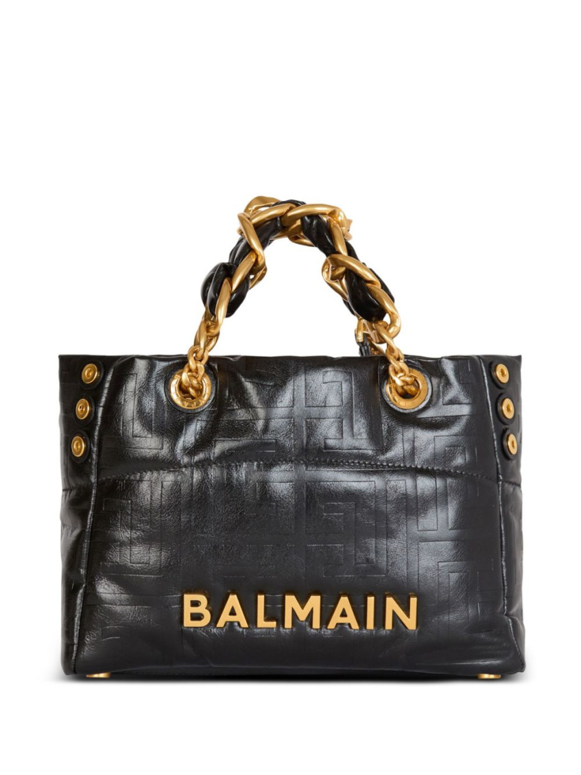 Balmain 1945 Soft Pb-monogrammed Crinkled Leather Tote Bag In Black