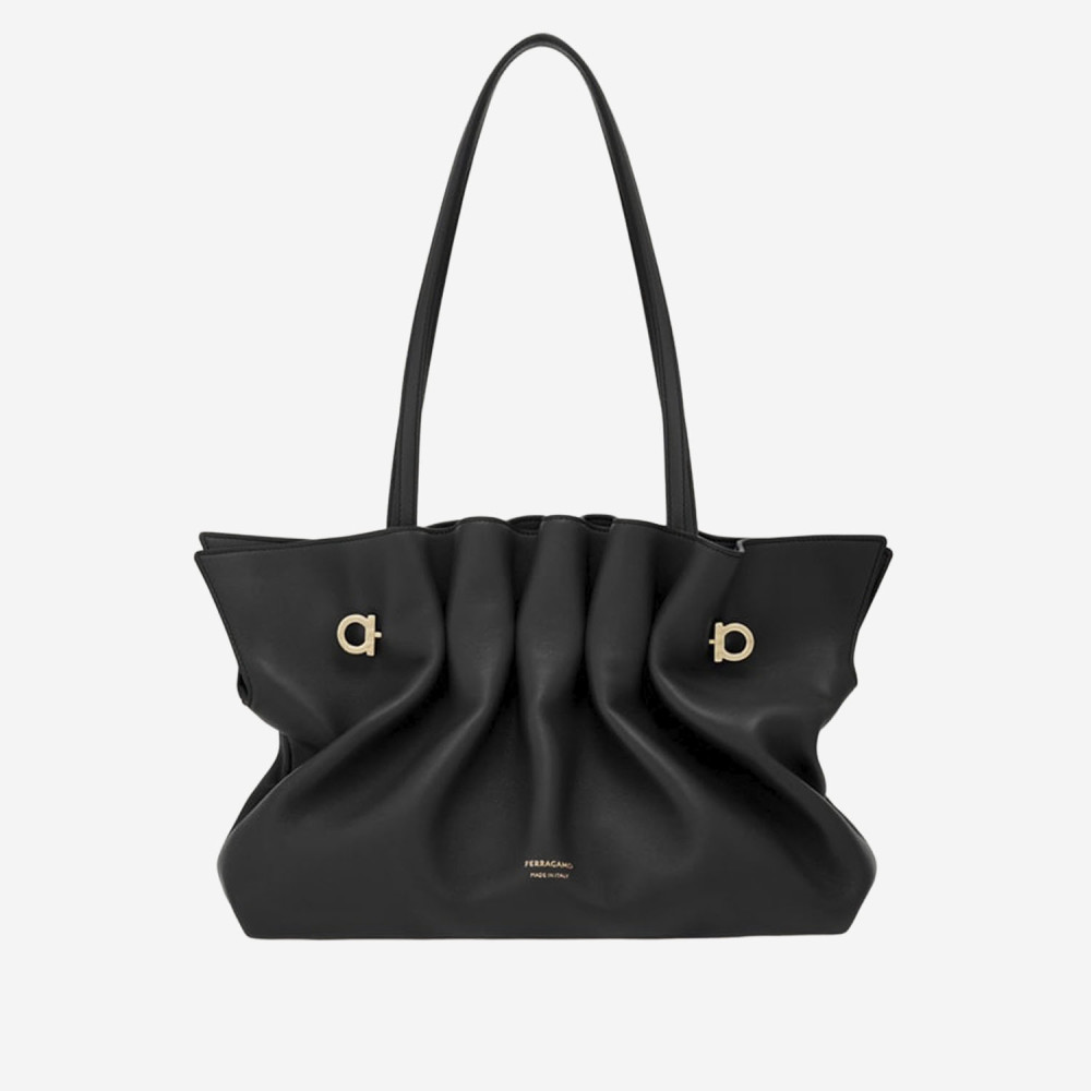 Ferragamo Medium Pleated Nappa Leather Shoulder Bag In Black