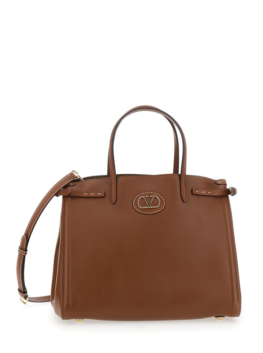 Valentino Garavani  Tobacco Leather Small Antibes Tote Bag In Brown