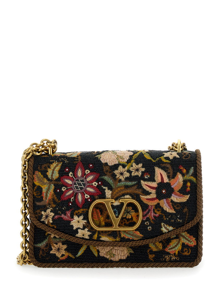 Valentino Vain Embroidered Beaded Cord-trimmed Leather Shoulder Bag In Multi
