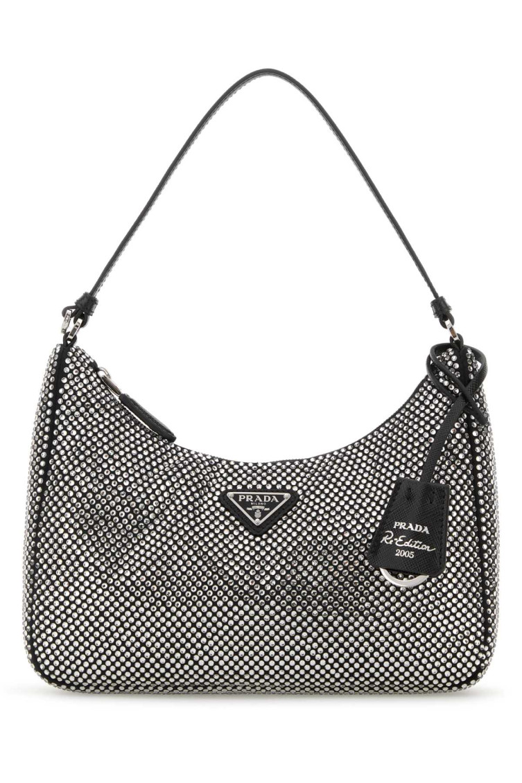 Prada Satin Shoulder Bag With Top Handle And Rhinestones In Gray