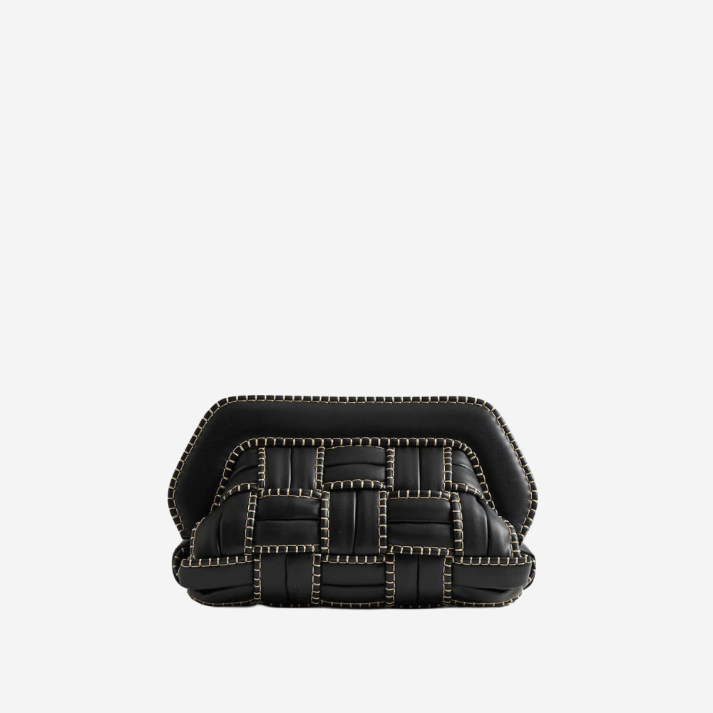 Themoirè Structured Black Vegan Leather Clutch With Beige Stitching In Black