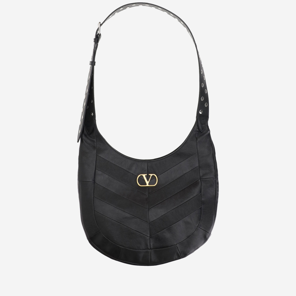 Valentino Garavani  Garavani Hoboho Small Hobo Bag In Chevron-patterned Nappa Leather Woman In Black