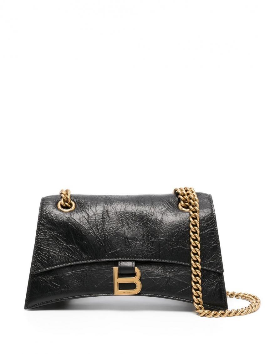 Balenciaga Crush Large Crinkled Leather Chain Shoulder Bag In Black