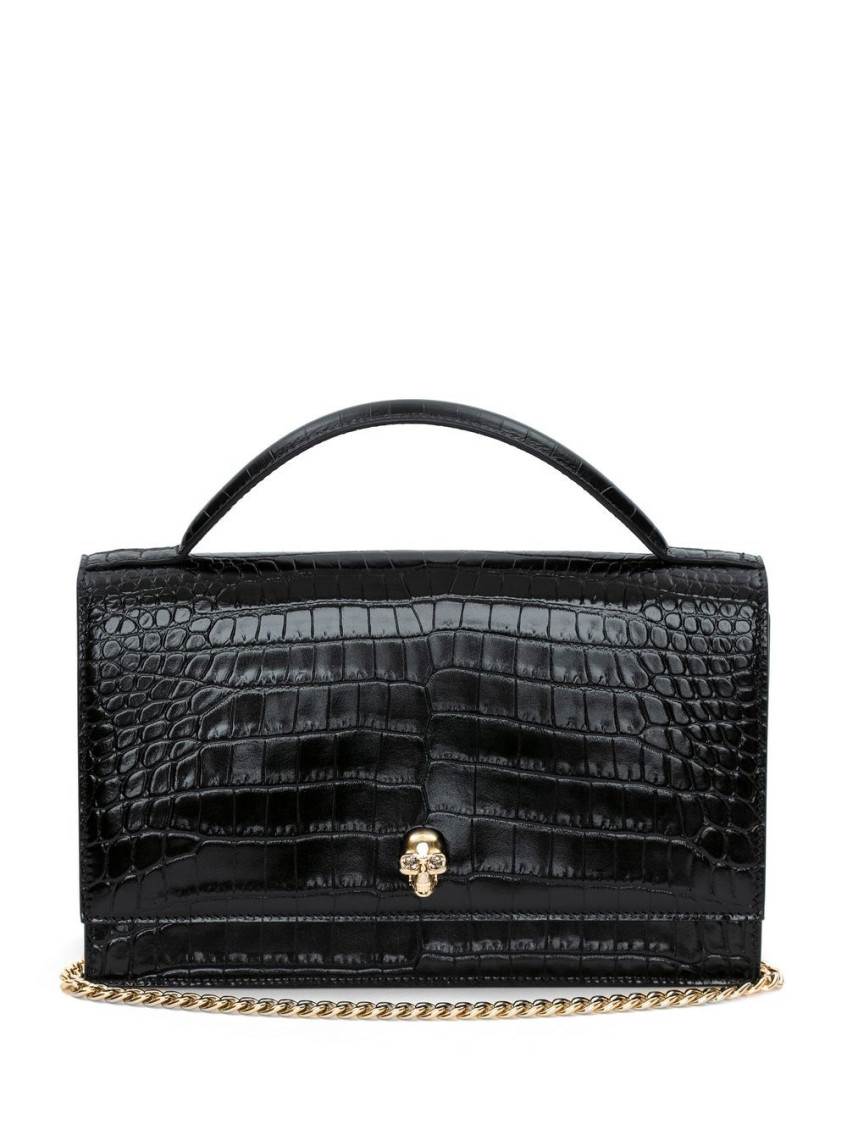 Alexander Mcqueen Black Skull Crocodile-effect Crossbody Bag