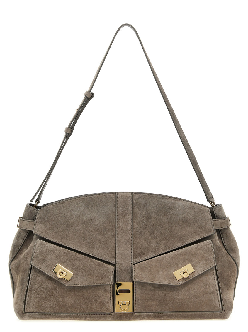 Ferragamo Hug Multipocket L Gray Shoulder Bag In Grey