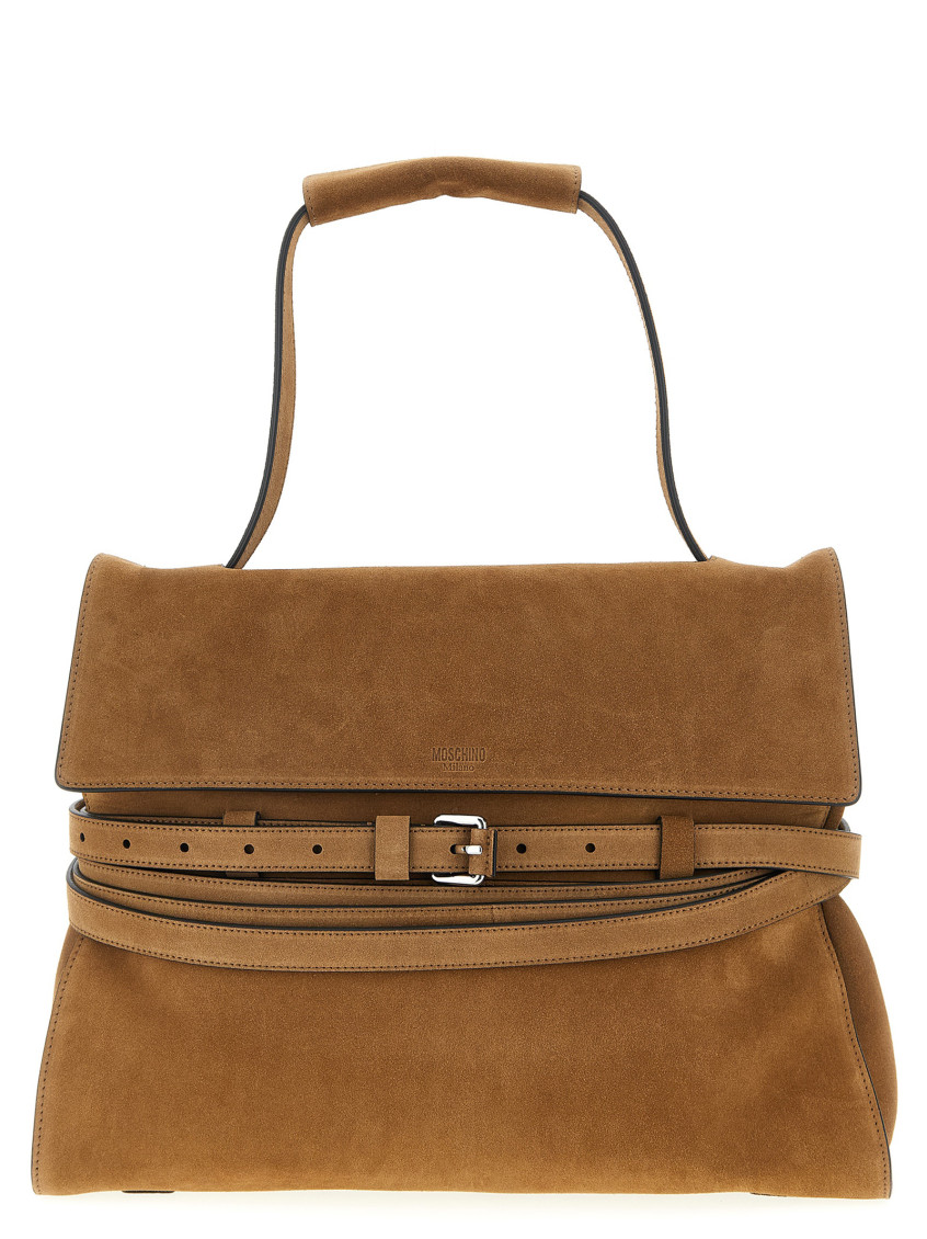 Moschino Medium Tie Me Belt-detail Suede Shoulder Bag In Brown