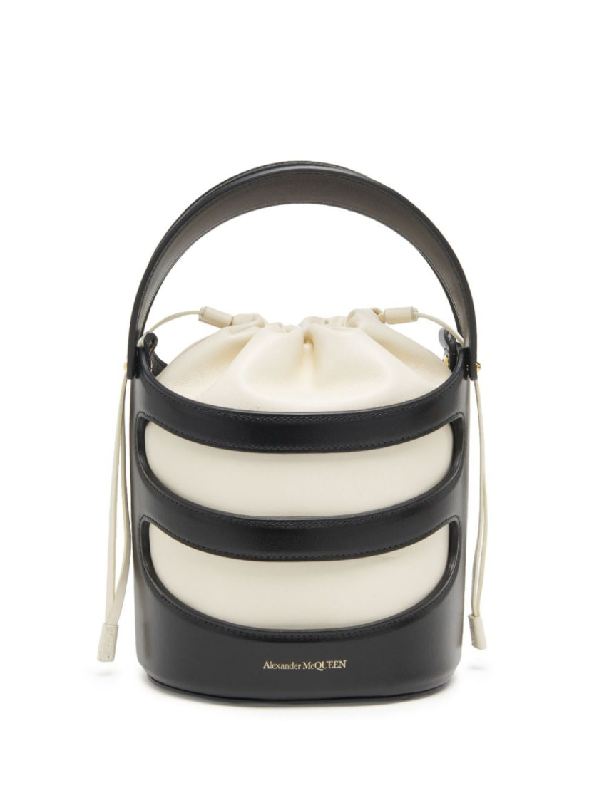 Shop Alexander Mcqueen Blackwhite The Rise Leather Bucket Bag