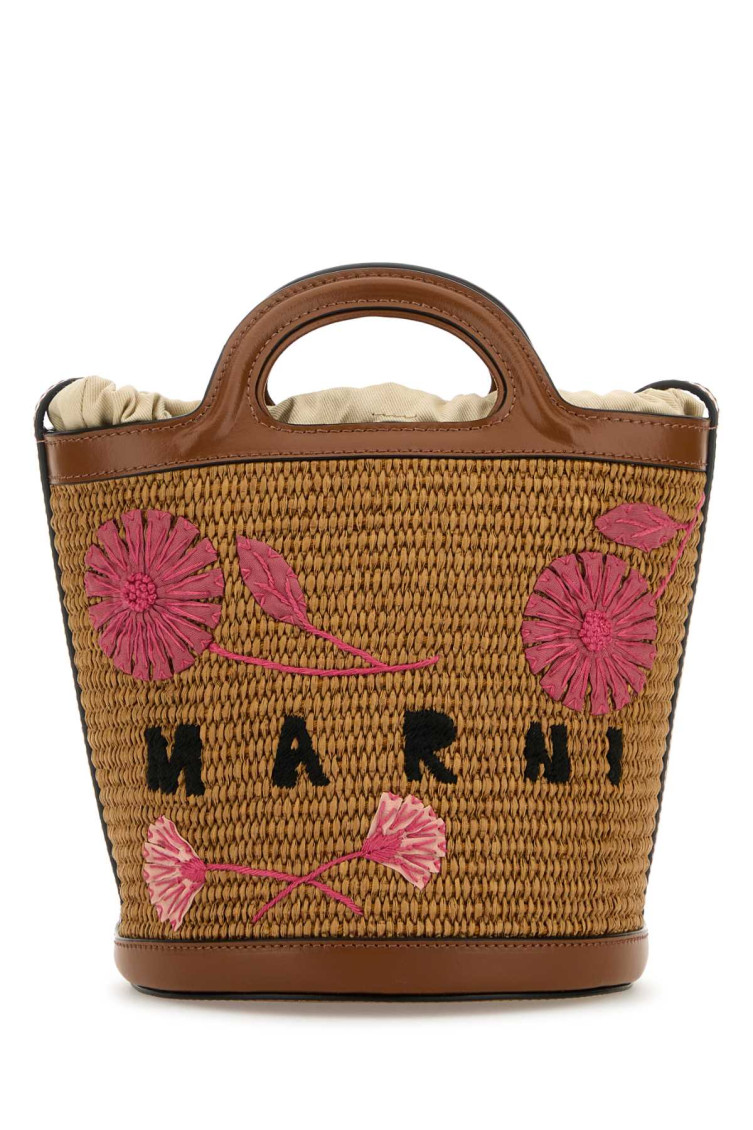 Marni Brown Raffia And Leather Tropicalia Bucket Bag In Brown