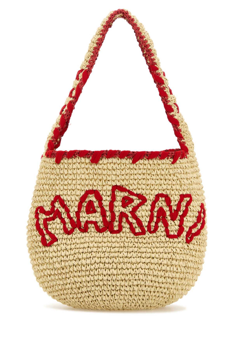 Marni Woven Shoulder Bag With Bold Red Accents In Neutral